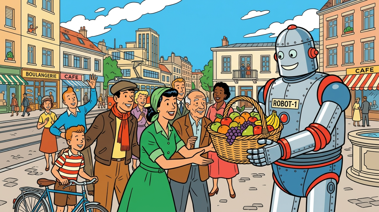 A horizontal featured image for WordPress in the iconic "Tintin / Hergé" clear line comic style. A large, friendly, retro-designed robot from the 1950s is handing over a large basket of freshly harvested fruits to a smiling community of people in a bright, clean, optimistic city. Flat bold colors, clean black outlines, no text. 